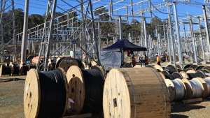 Amplex cable drums and substation construction at HumeLink West transmission project NSW showing LV cabling supply and high voltage infrastructure works